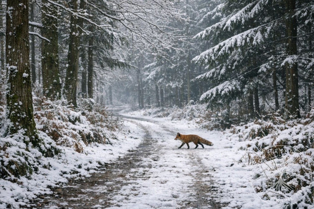 Red fox crossing a snowy woodland path in winter, symbolising British wildlife, seasonal change, and the quiet guardianship at the heart of the Woodland Realm.